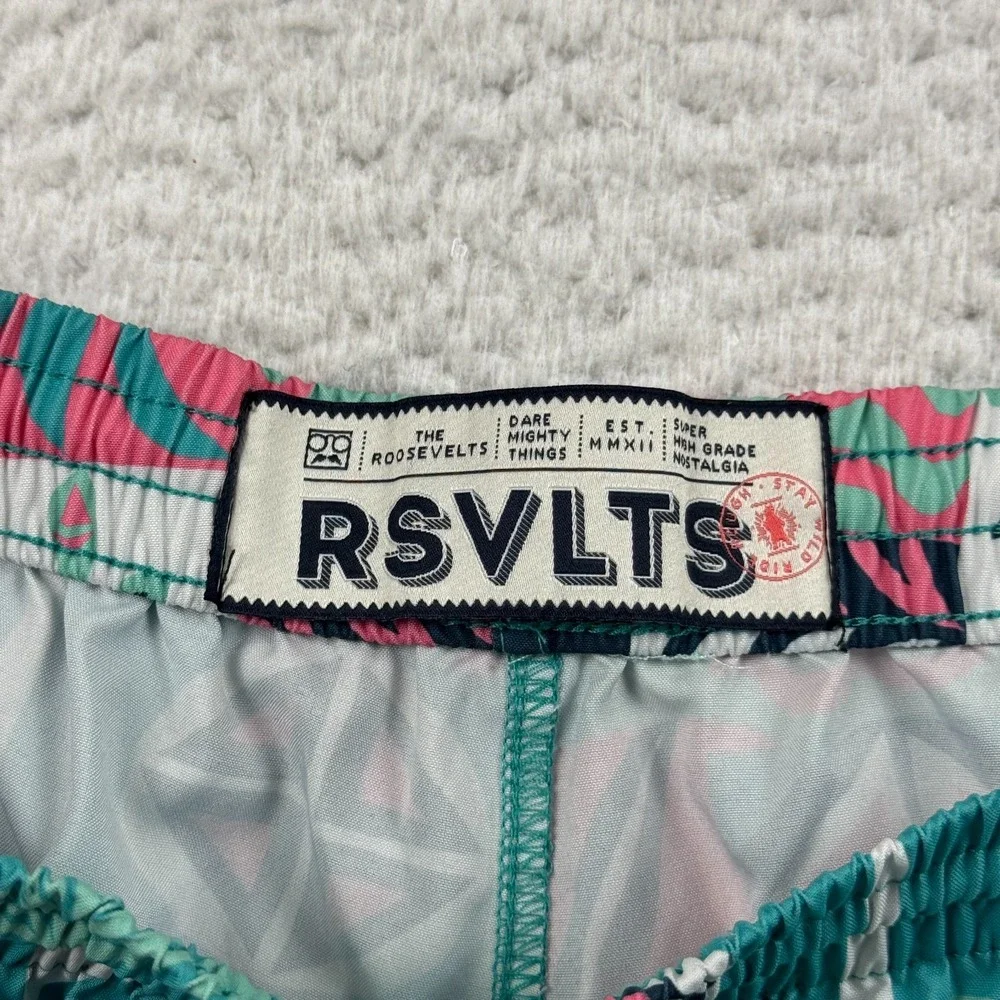 Rsvlts Swim Trunks Mens Large Green Tiki Retro Geometric Logo Stretch Surfing